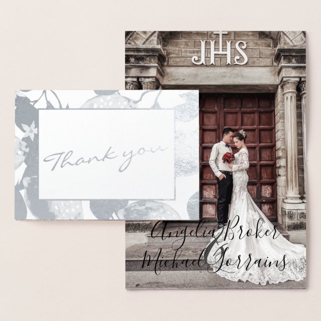 Modern Silver Lemons & Foliage Bröllop Photo Real Folierat Kort (Display)