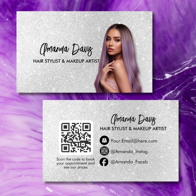 Modern Silver Makeup Photo QR Code Logo Visitkort (Skapare uppladdad)