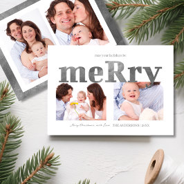 Modern Silver “Merry” Typography Photo Family Julkort