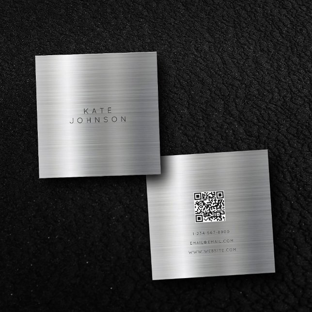 Modern Silver Metall-minimalistisk enkel QR-kod Fyrkantigt Visitkort (Skapare uppladdad)