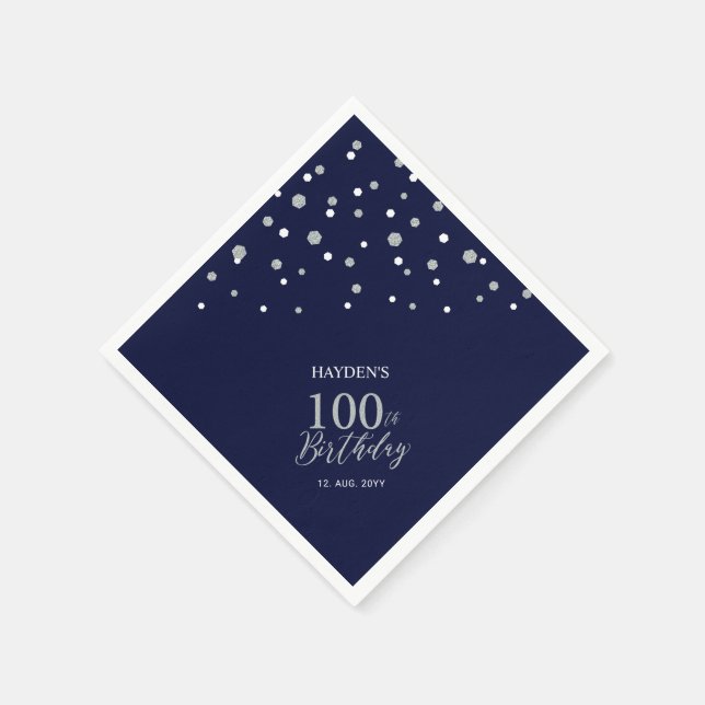 Modern Silver & Navy Blue 100-årsfest Pappersservett (Hörn)