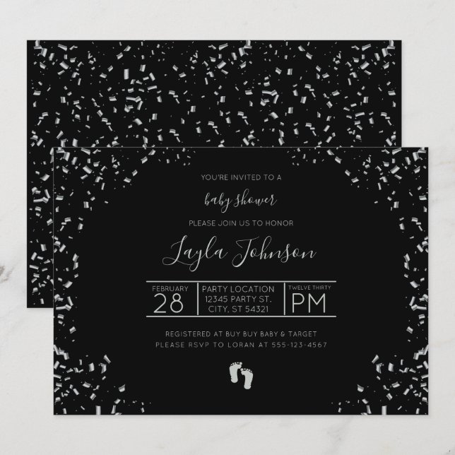 Modern, Silver och Black Baby Shower-inbjudan Inbjudningar (Fram/baksida)