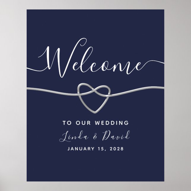 Modern Silver och Navy Blue Bröllopsvälkomst Poster (Framsidan)