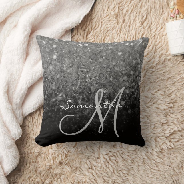Modern silver- och svart glitter Ombre-monogram Kudde (Filt)