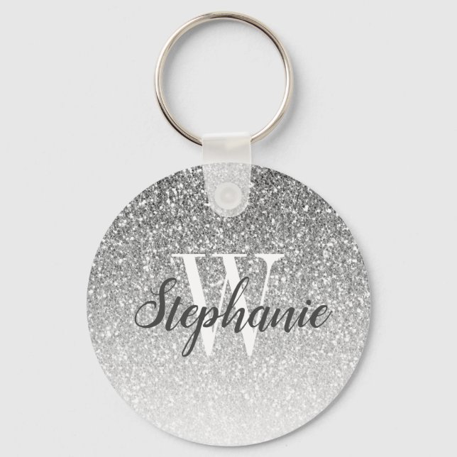 Modern Silver Ombre Fals Glitter Monogram Nyckelring (Framsida)