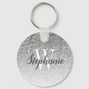 Modern Silver Ombre Faux Glitter Monogram Nyckelring