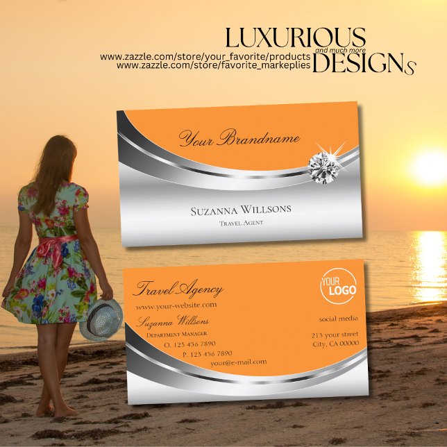 Modern Silver-Orange med Logotyp Sparkling Diamond Visitkort (Skapare uppladdad)