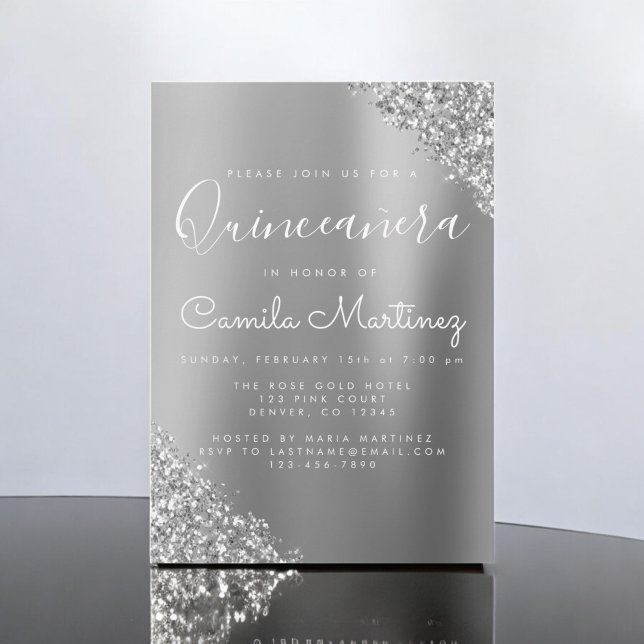 Modern Silver Quinceanera Glitter Party Inbjudningar (Skapare uppladdad)
