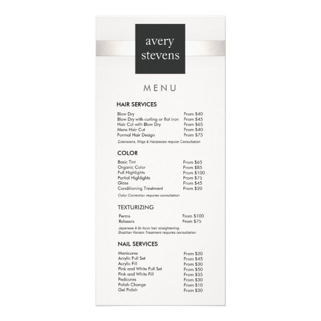 Modern Silver-rand-Black and White Salon Menu Reklamkort (Framsidan)
