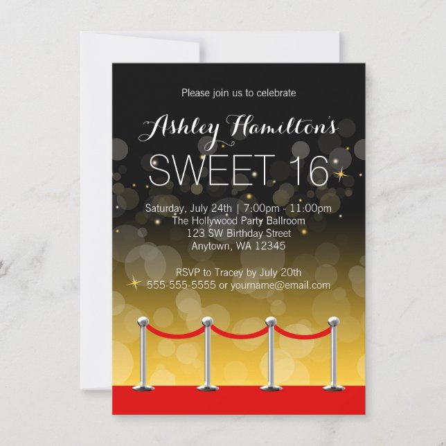 Modern Silver Röd Karpett Hollywood Sweet 16 Inbjudningar (Framsida)