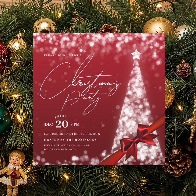 MODERN Silver Röd Vinter Julgran Bow Party  Inbjudningar (MODERN Silver Red Winter Christmas Tree Bow Party Invitation)
