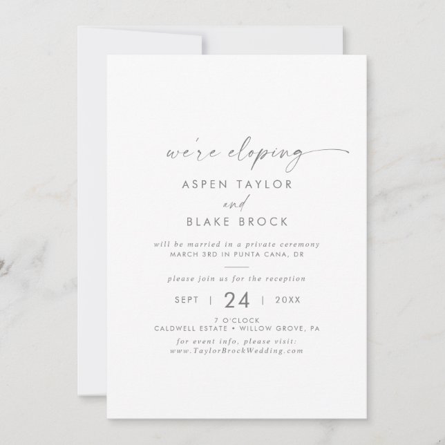 Modern Silver Script Elopement Reception Inbjudningar (Framsida)