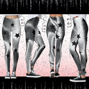 Modern Silver Shimmer Shadow Djärva Svarta Stjärno Leggings