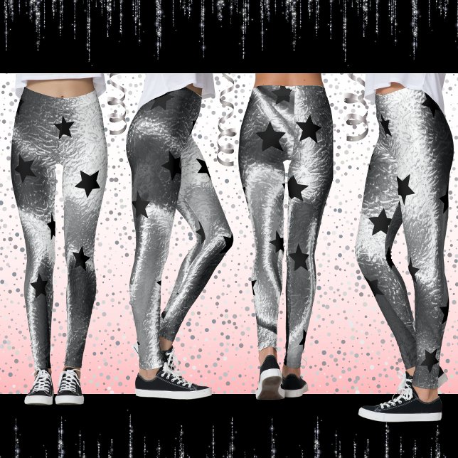 Modern Silver Shimmer Shadow Djärva Svarta Stjärno Leggings (Cool, shimmer shiny bold star pattern leggings)