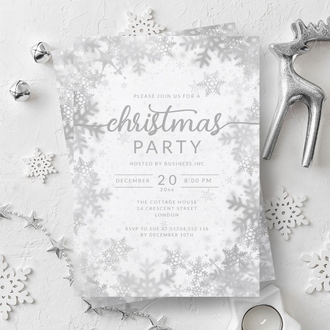 Modern Silver Snöflingor Company jul Party Inbjudningar (Modern Silver Snowflakes Company Christmas Party Invitation)