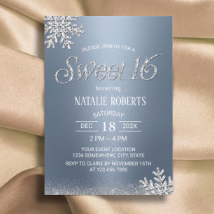 Modern Silver Snowflake Dusty Blue Winter Sweet 16 Inbjudningar