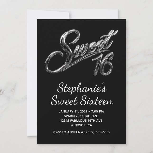 Modern Silver Svart Chrome Sweet 16 Inbjudningar (Framsida)