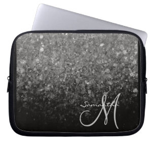 Modern Silver & Svart Glitter Ombre Monogram Laptop Fodral