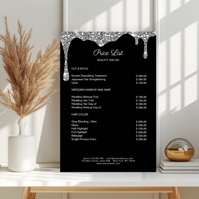 Modern Silver Svart Glitter Prislista Poster (Modern Silver Black Glitter Pricelist Poster)