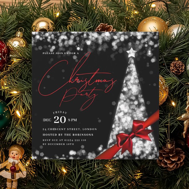 MODERN Silver Vinter Julgran Bow Party  Inbjudningar (MODERN Silver Winter Christmas Tree Bow Party Invitation)