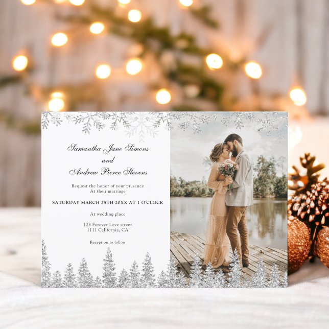 Modern silver vinterskript snö 1 foto bröllop inbjudningar (Modern silver winter snow script 1 photo wedding invitation)