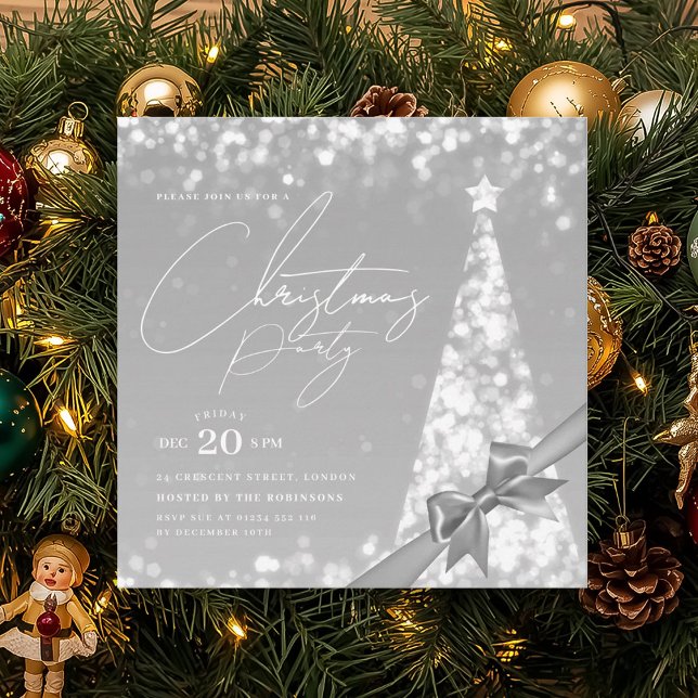 MODERN Silver Winter Christmas Tree Bow Party  Inbjudningar (MODERN Silver Winter Christmas Tree Bow Party Invitation)