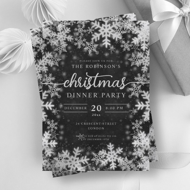 Modern Silver Winter Wonderland jul Black Inbjudningar (Modern Silver Winter Wonderland Christmas Black Invitation)