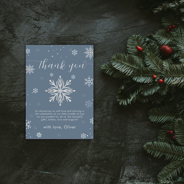 Modern Silverblå Magisk Snöflinga Bebis Shower  Tack Kort (Modern Silver Blue Magical Snowflake Baby Shower Thank You Card)
