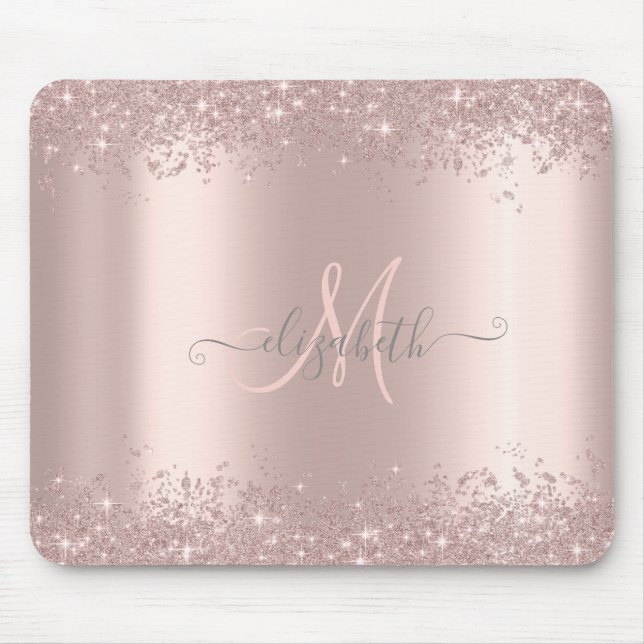 Modern silverglitterdamm rose gold monogram musmatta (Framsidan)
