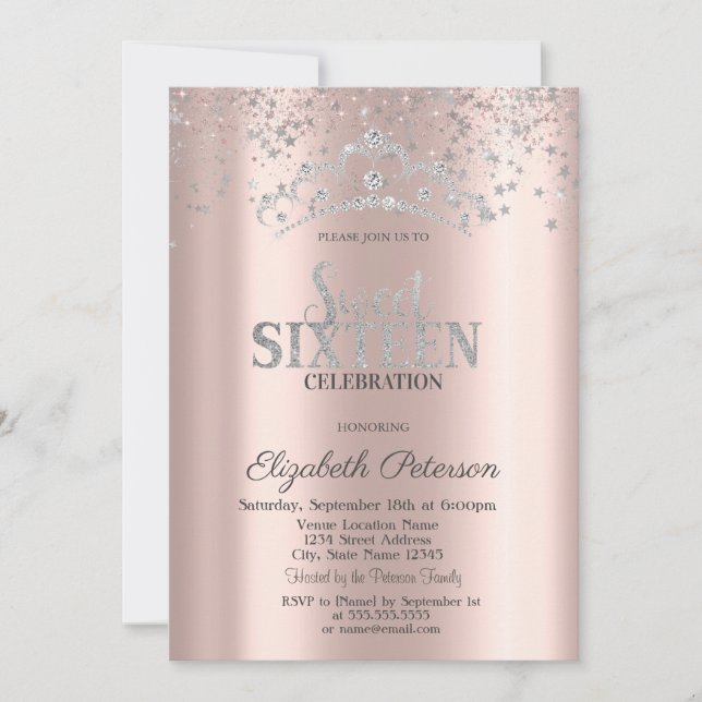 Modern Silverkrona Konfetti Roséguld Sweet 16 Inbjudningar (Framsida)