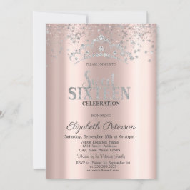 Modern Silverkrona Konfetti Roséguld Sweet 16 Inbjudningar