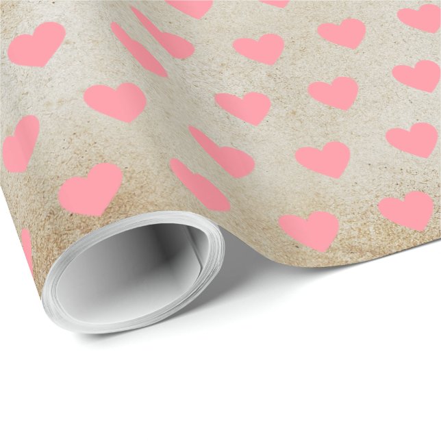 Modern Simine Rosa Hearts Faux Kraft Presentpapper (Rullad Hörn)