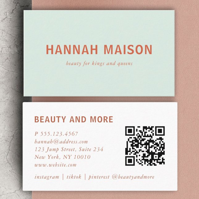Modern, simpel, professionell, salon, blått visitkort (Modern, simpel, professional, salon, light-green, bold font, qr-code business card)