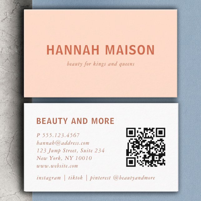 Modern, simpel, professionell, salon, persika visitkort (Modern, simpel, professional, salon, peach, bold font, qr-code business card)