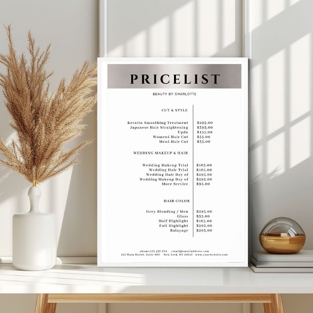 Modern Simpel Silver Salon Pris List Poster (Modern Simpel Silver Salon Price List Poster)