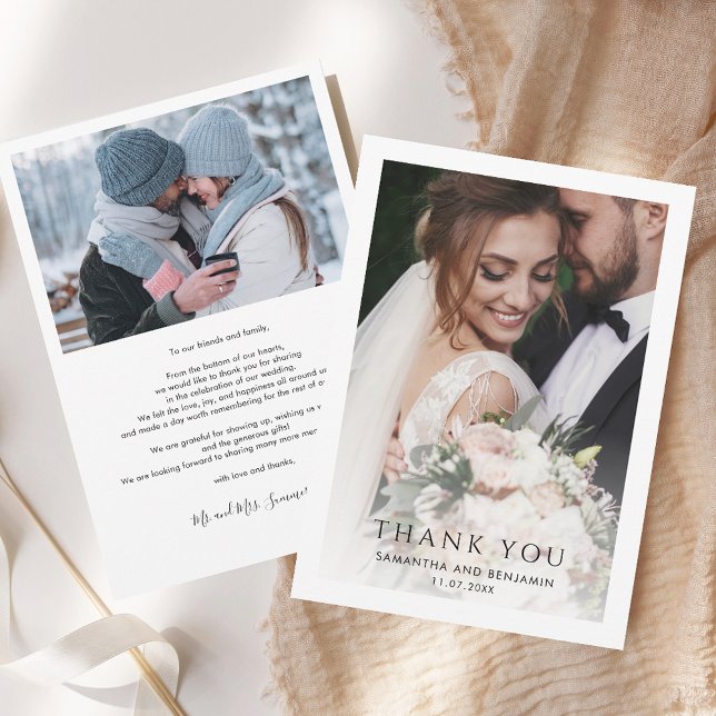 Modern Simple 2 Photos Bröllop Tack Kort (Modern Simple 2 Photos Wedding Thank You Card)