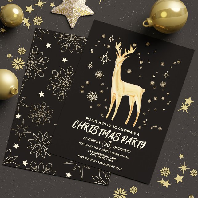 Modern Simple Black and Guld Elegant Hjort Inbjudningar (Modern Simple Black and Gold Elegant Deer Xmas Invitation)