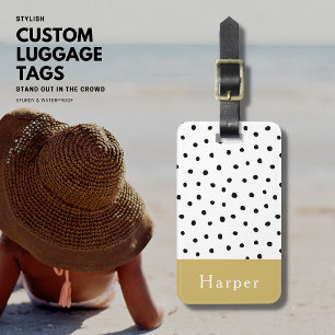 Modern Simple Black and Guld Monogram Polka Dot Bagagebricka