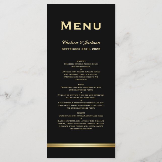 Modern Simple Black Guld Bröllop Menu Meny (Framsida)