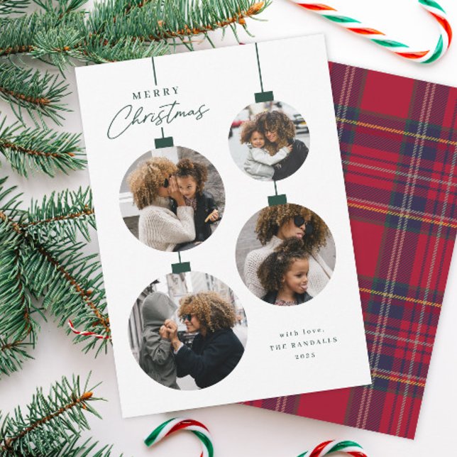 Modern Simple Christmas Ornament 4 Photo Julkort (Modern 4 Photo Christmas Treen Ornament Holiday Cards.)