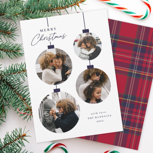 Modern Simple Christmas Ornament 4 Photo Julkort (Modern 4 Photo Christmas Treen Ornament Holiday Cards.)