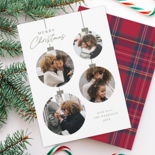Modern Simple Christmas Ornament 4 Photo Julkort (Modern Sage Green 4 Photo Collage Ornament Christmas Cards.)
