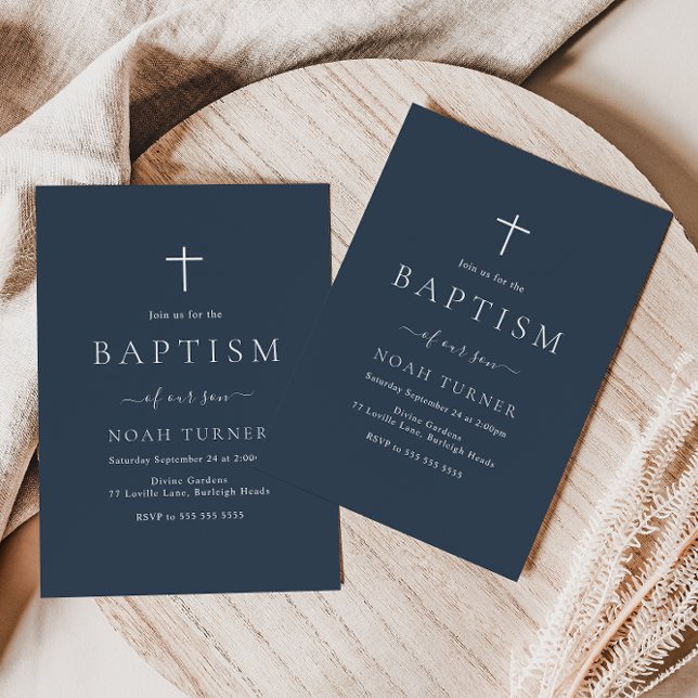Modern Simple Elegant Navy Blue Baptism Inbjudningar (Skapare uppladdad)