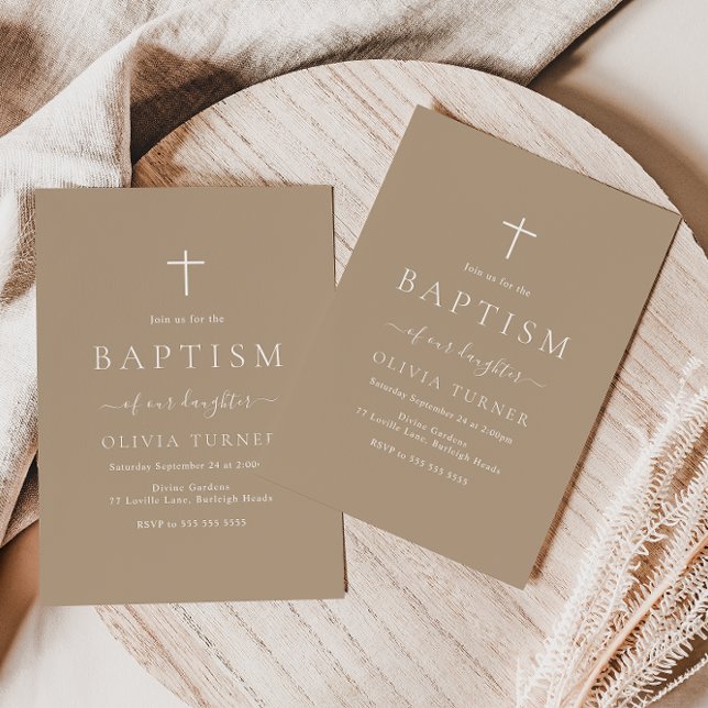 Modern Simple Elegant Pale Taupe Baptism Inbjudningar (Skapare uppladdad)