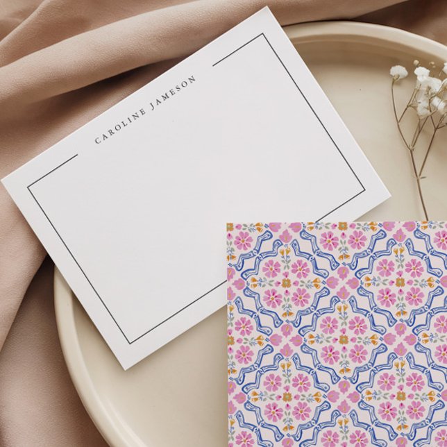 Modern Simple Floral Pink Name Flat Note Card Anteckningskort (Skapare uppladdad)