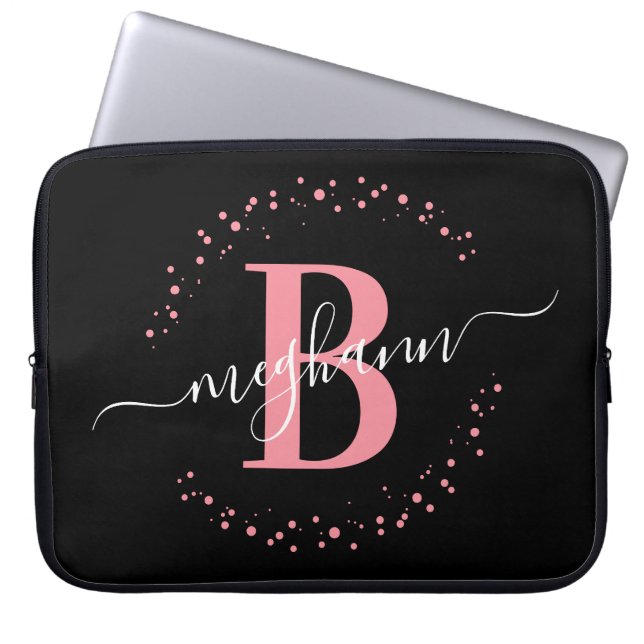 Modern Simple Girly Rosa Black Monogram Laptop Fodral (Framsidan)