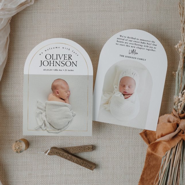 Modern Simple Golden Arch Baby Photo Birth Inbjudningar (Skapare uppladdad)
