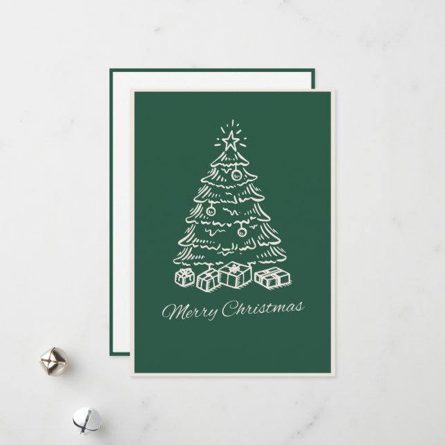 Modern Simple Green Hand Drawn Christmas Tree Julkort (Fram/Back In Situ)
