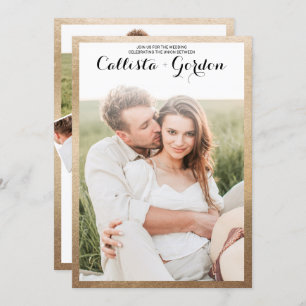 Modern Simple Guld Gräns Photo Collage Bröllop Inbjudningar