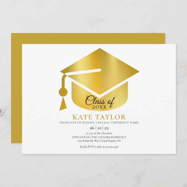 Modern Simple Guld Studentfest Inbjudningar (Fram/baksida)
